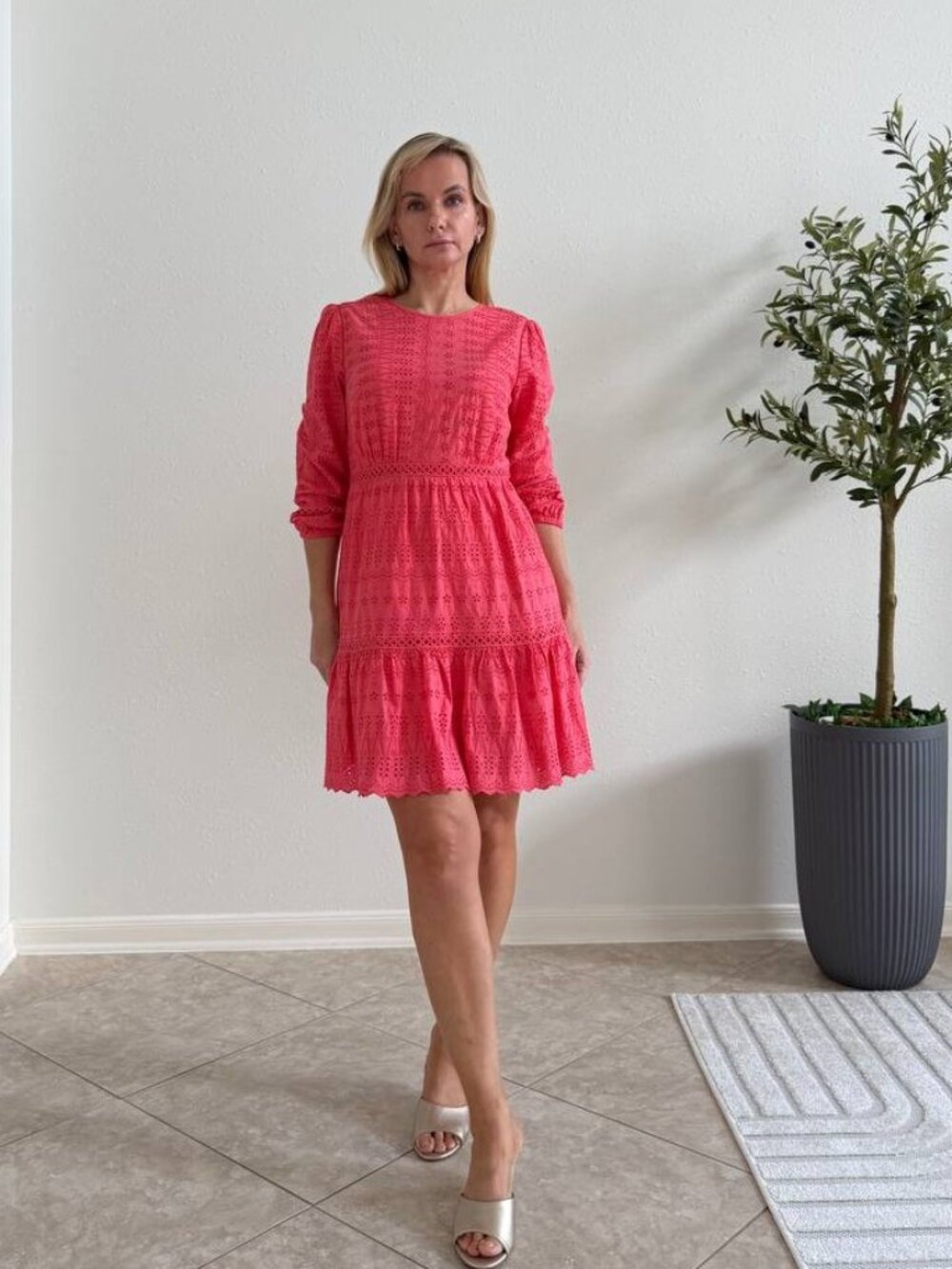 J.Crew Coral Pink Cotton Eyelet Tiered Mini Dress Size 4 NWOT